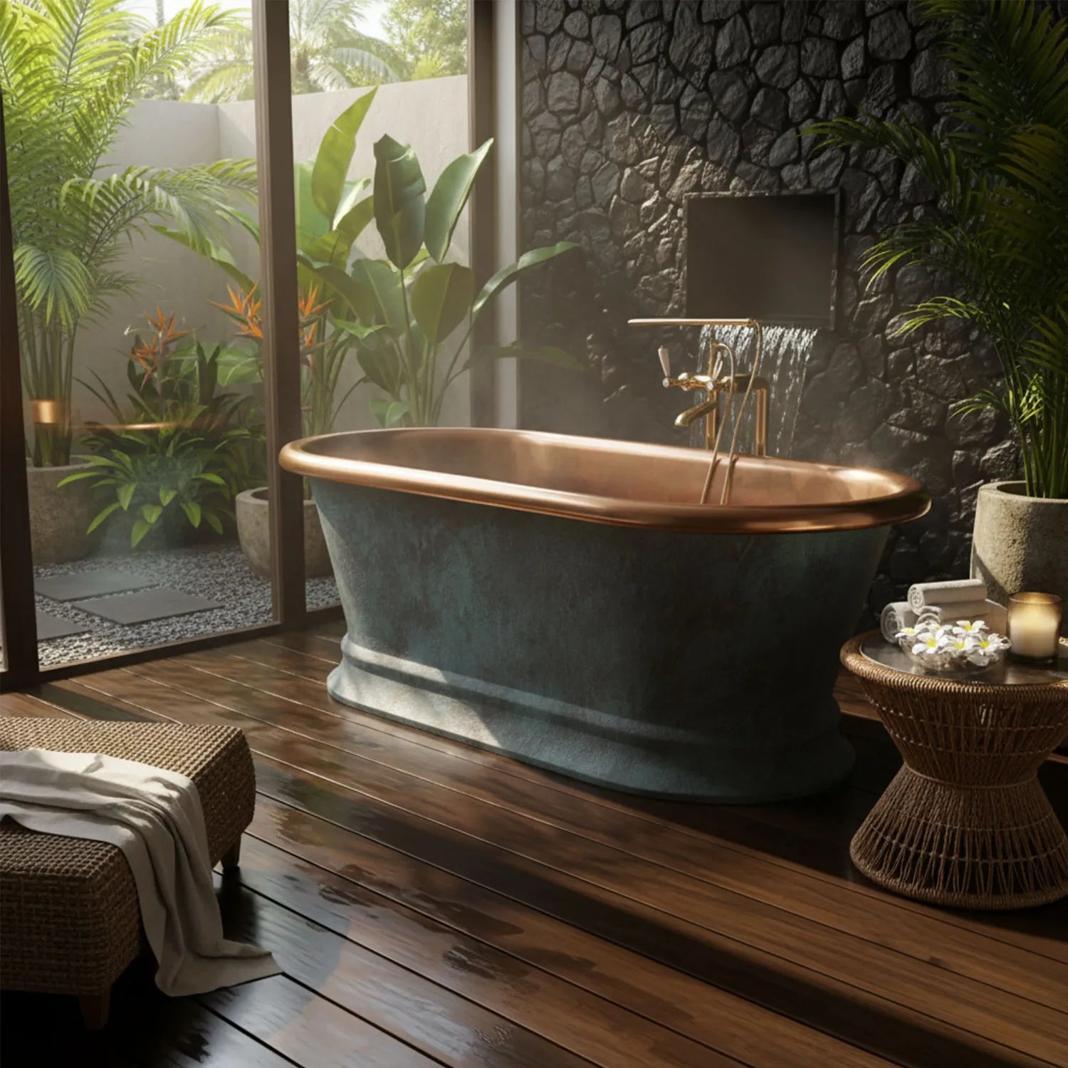 Coppersmith Creations Pedestal Copper Bathtub Patina Exterior & Polished Copper Interior