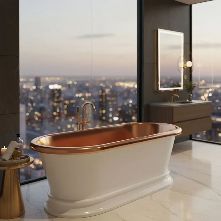 Coppersmith Creations Pedestal Copper White Powder Coated Exterior & Polished Copper Interior, white 66-inch copper bathtub.