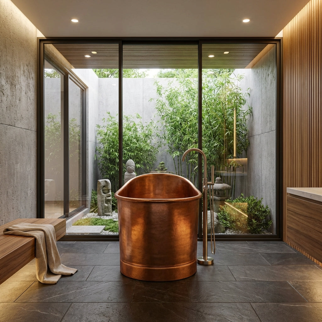 Coppersmith Creations Copper Freestanding Bathtub Antique Finish Japanese Style (Height 37.5", Diameter 39″)