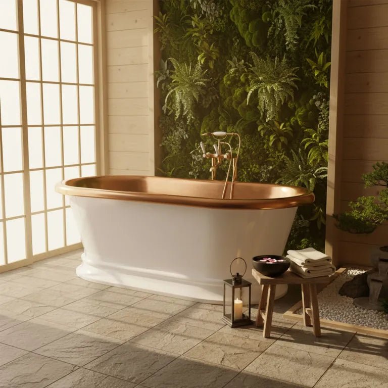 Coppersmith Creations Pedestal Copper White Powder Coated Exterior & Polished Copper Interior, white 66-inch copper bathtub.
