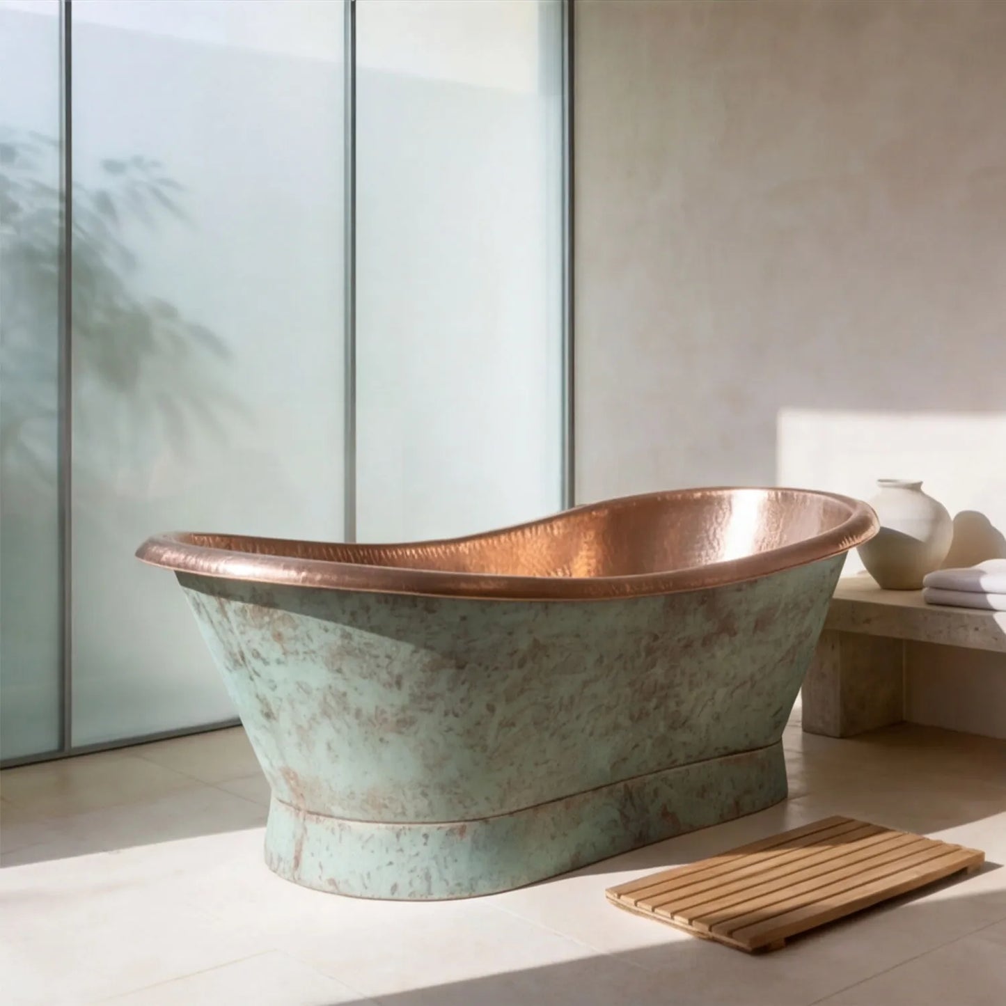 Coppersmith Creations Slanting Base Copper Bathtub Hammered Antique Copper Interior & Patina Exterior Finish
