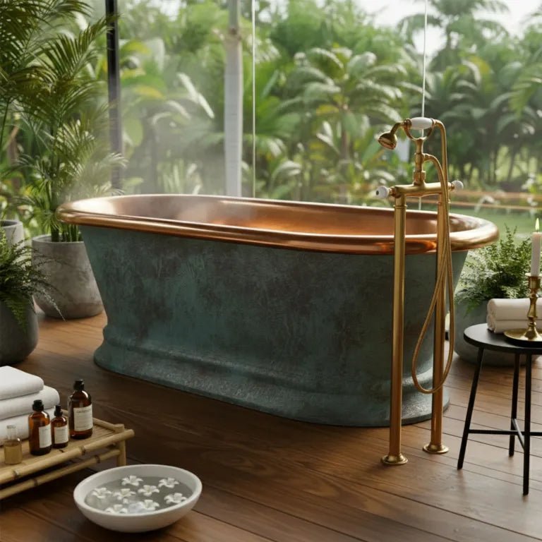 Coppersmith Creations Pedestal Copper Bathtub Patina Exterior & Polished Copper Interior - baths - Ice Cold Spice | Turquoise Patina 66 - inch