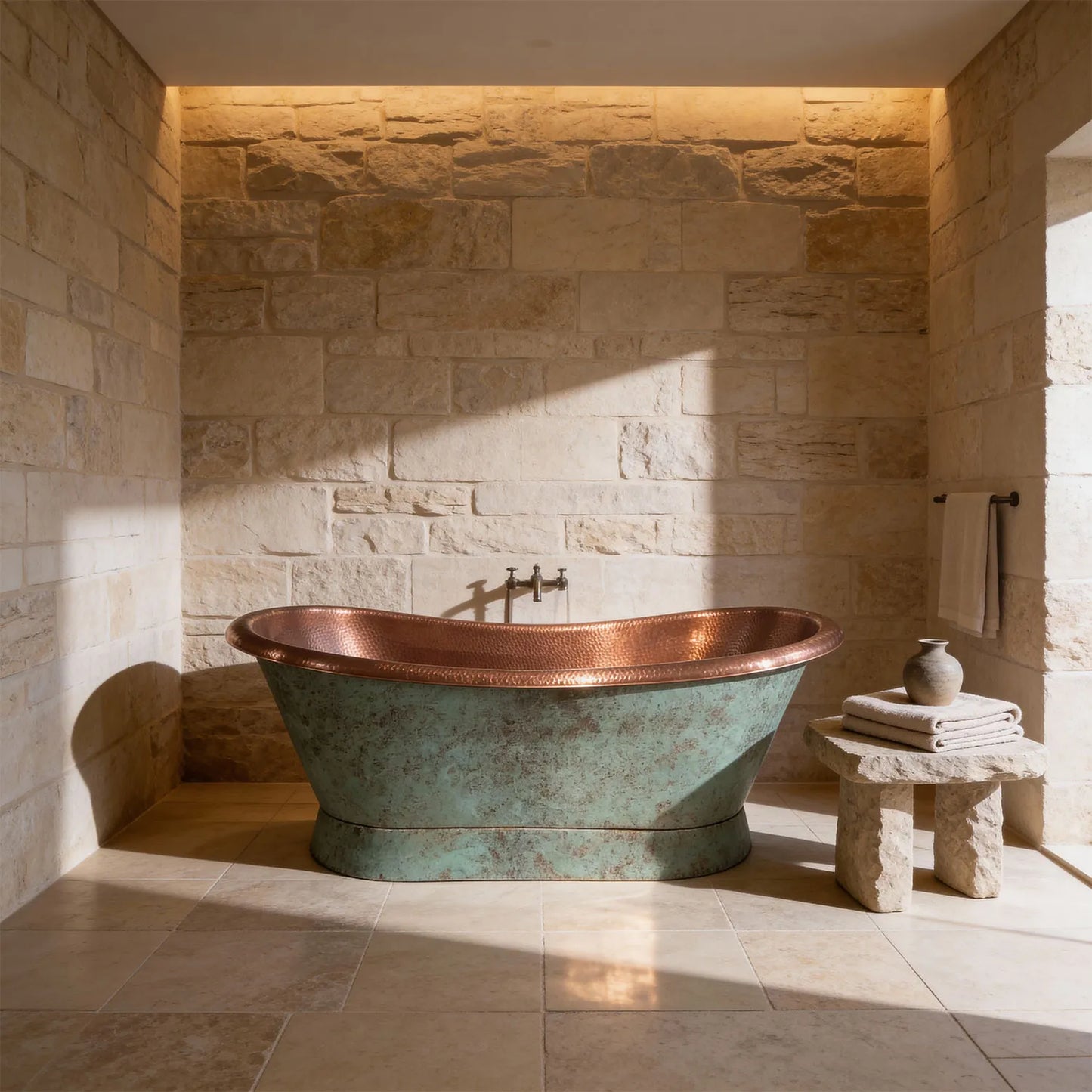 Coppersmith Creations Slanting Base Copper Bathtub Hammered Antique Copper Interior & Patina Exterior Finish