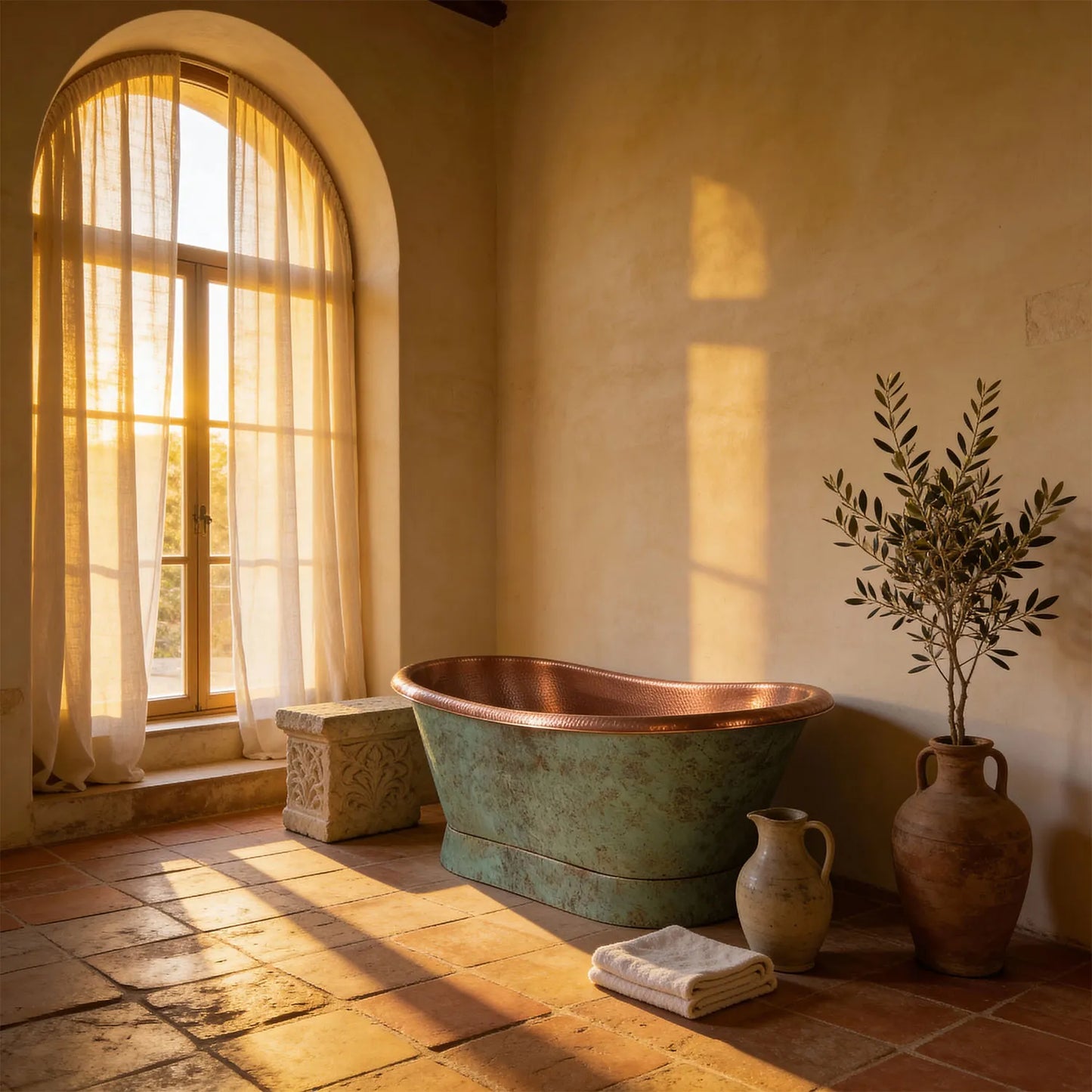 Coppersmith Creations Slanting Base Copper Bathtub Hammered Antique Copper Interior & Patina Exterior Finish