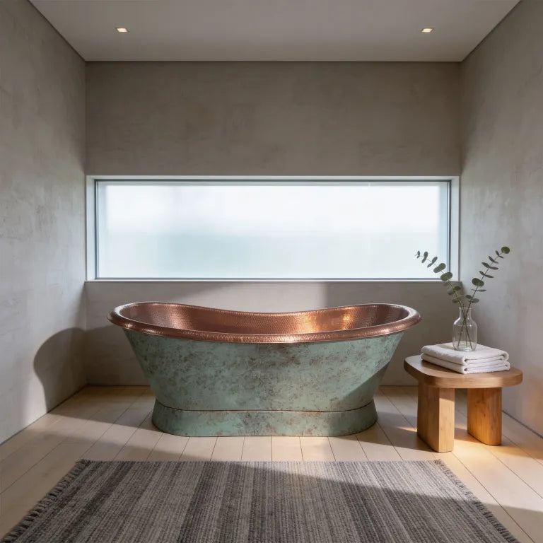 Coppersmith Creations Slanting Base Copper Bathtub Hammered Antique Copper Interior & Patina Exterior Finish