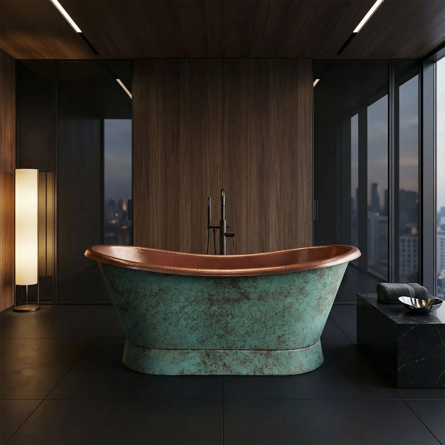 Coppersmith Creations Slanting Base Copper Bathtub Hammered Antique Copper Interior & Patina Exterior Finish
