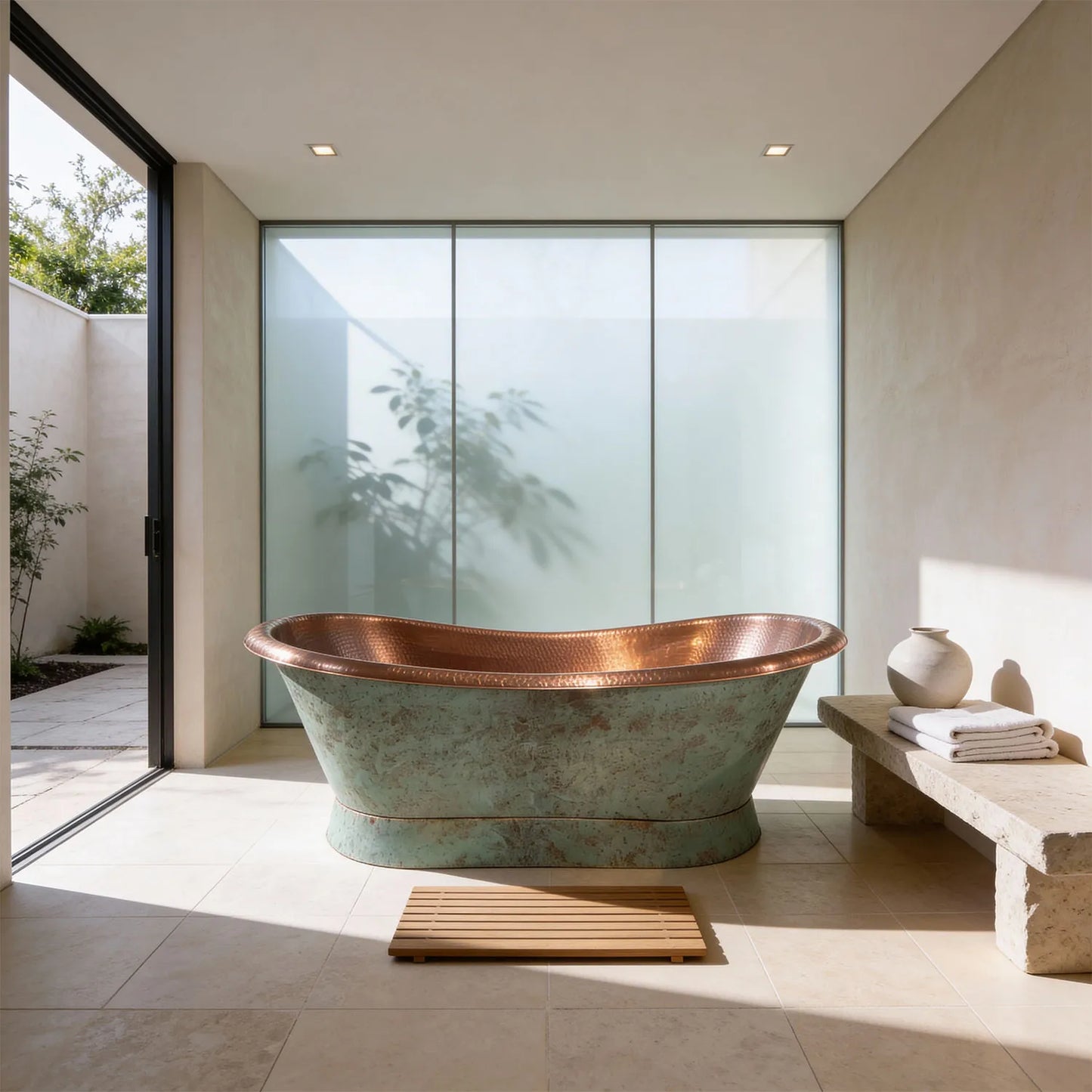 Coppersmith Creations Slanting Base Copper Bathtub Hammered Antique Copper Interior & Patina Exterior Finish