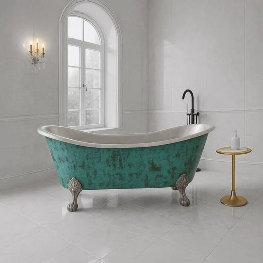 Coppersmith Clawfoot Copper Bathtub Verdigris Patina Exterior & Tin Interior Double Slipper - baths - Ice Cold Spice | Verdigris Patina