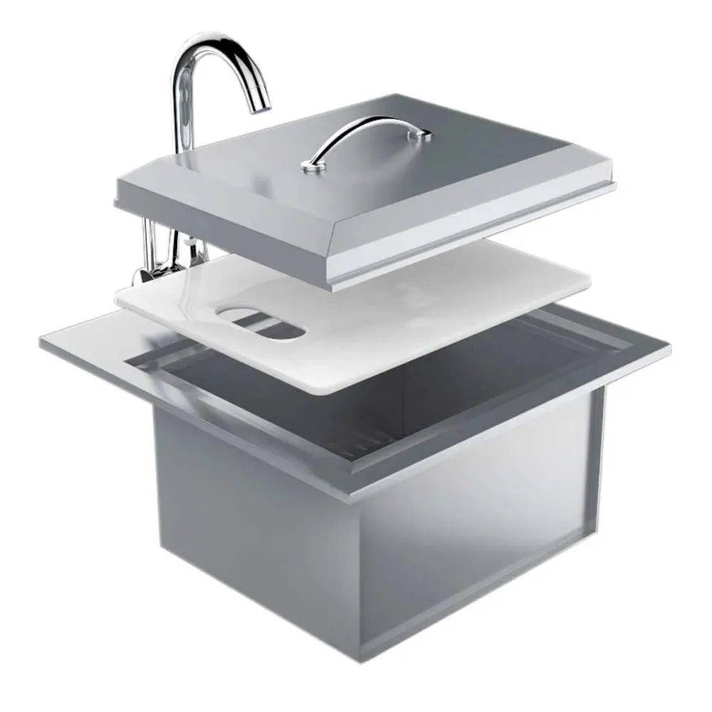 Sunstone Outdoor Kitchens Premium Water Sink with Faucet, Soap Dispenser & Grid Base - Light Brushed Stainless Steel