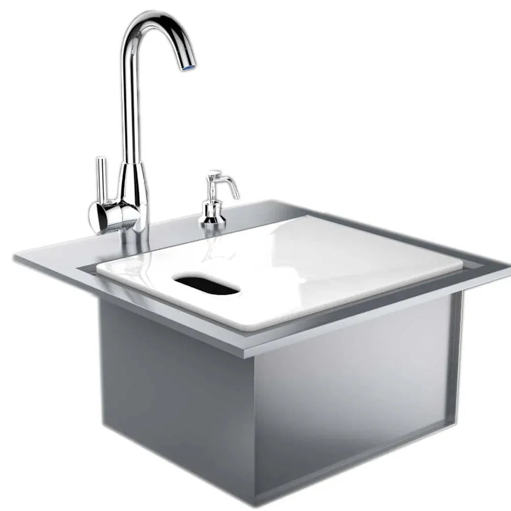 Sunstone Outdoor Kitchens Premium Water Sink with Faucet, Soap Dispenser & Grid Base - Light Brushed Stainless Steel