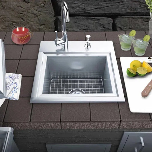 Sunstone Outdoor Kitchens Premium Water Sink with Faucet, Soap Dispenser & Grid Base - Light Brushed Stainless Steel
