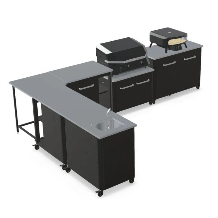 Cozze® Elements Modular Outdoor Kitchen - L Shaped, Gas Grill, Sink, Storage & Optional Pizza Oven - pizza oven - Ice Cold Spice | Black No Pizza Oven