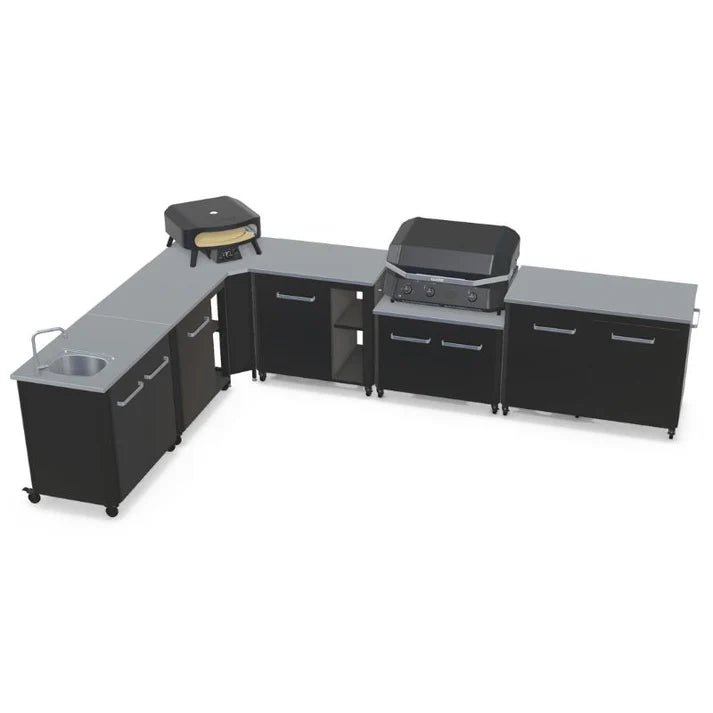 Cozze® Elements Modular Outdoor Kitchen - L Shaped, Gas Grill, Sink, Storage & Optional Pizza Oven - pizza oven - Ice Cold Spice | Black No Pizza Oven