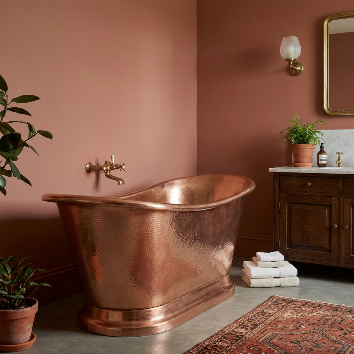 Coppersmith Creations Hammered Copper Single Slipper Tub with Smooth Round Pedestal Base