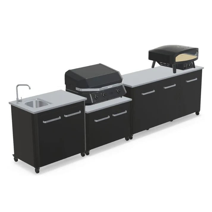 Cozze® Elements Modular Outdoor Kitchen with Gas Grill, Extra Storage and Sink - pizza oven - Ice Cold Spice | Black Cozze® G - 800 Combo Plancha - Grill