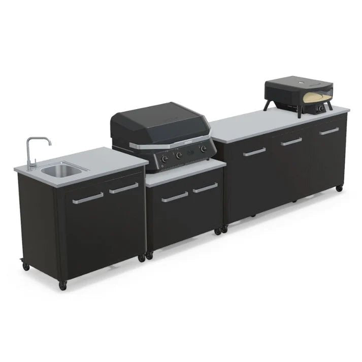 Cozze® Elements Modular Outdoor Kitchen with Gas Grill, Extra Storage and Sink - pizza oven - Ice Cold Spice | Black Cozze® G - 800 Combo Plancha - Grill