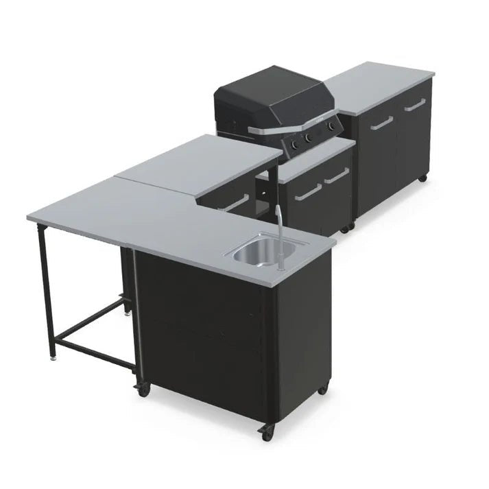 Cozze Elements Outdoor Kitchen-L Shaped with Gas Grill Sink Storage and Optional Pizza Oven with black finish no pizza oven.