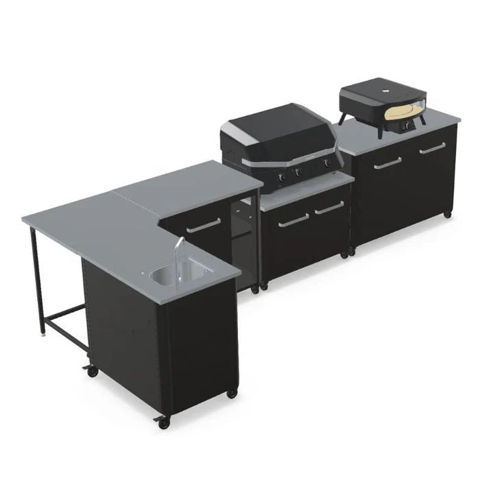 Cozze Elements Outdoor Kitchen-L Shaped with Gas Grill Sink Storage and Optional Pizza Oven with black finish no pizza oven.