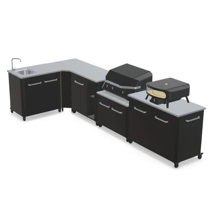 Cozze Elements Outdoor Kitchen-L Shaped with Gas Grill Sink Storage and Optional Pizza Oven with black finish no pizza oven.
