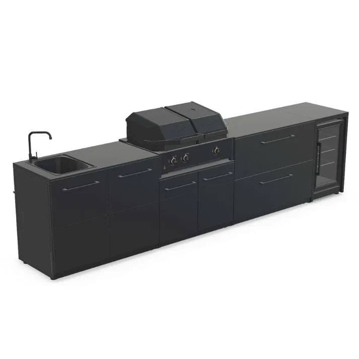 Cozze® Elements Modular Outdoor Kitchen with Gas Grill, Storage, Fridge and Sink - pizza oven - Ice Cold Spice | Black Cozze® Quattro 900 Grill