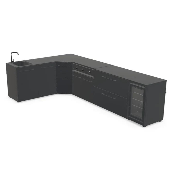 Cozze Elements Modular Outdoor Kitchen - L Shape with Grill, Storage, Fridge and Sink with pizza oven and black Quattro 900.