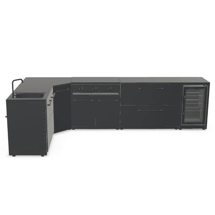 Cozze Elements Modular Outdoor Kitchen - L Shape with Grill, Storage, Fridge and Sink with pizza oven and black Quattro 900.