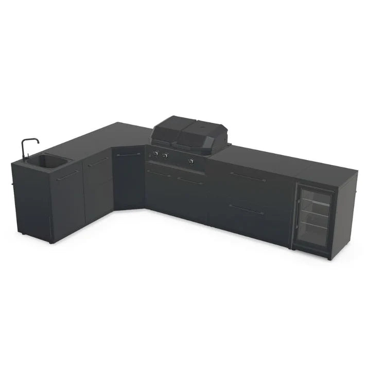 Cozze Elements Modular Outdoor Kitchen - L Shape with Grill, Storage, Fridge and Sink with pizza oven and black Quattro 900.