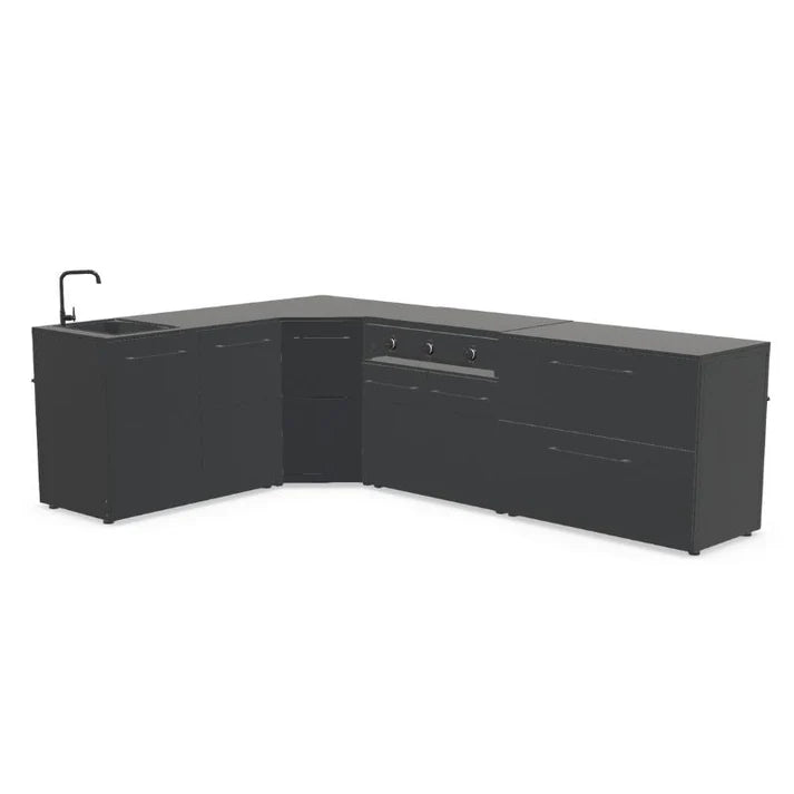 Cozze® Elements Modular Outdoor Kitchen - L Shape with Grill, Storage and Sink - pizza oven - Ice Cold Spice | Black Cozze® Combo 900 Grill