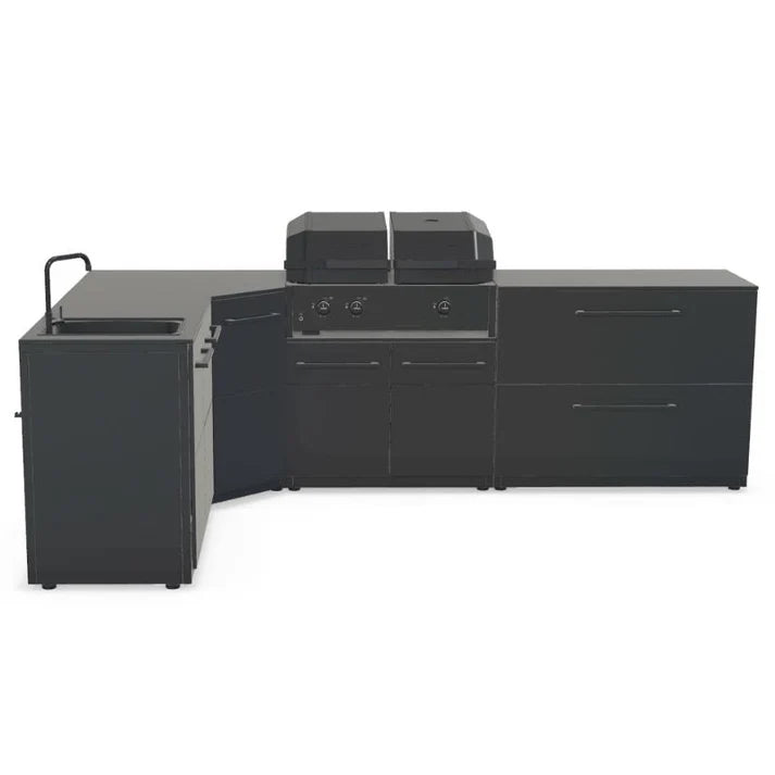 Cozze® Elements Modular Outdoor Kitchen - L Shape with Grill, Storage and Sink - pizza oven - Ice Cold Spice | Black Cozze® Quattro 900 Grill