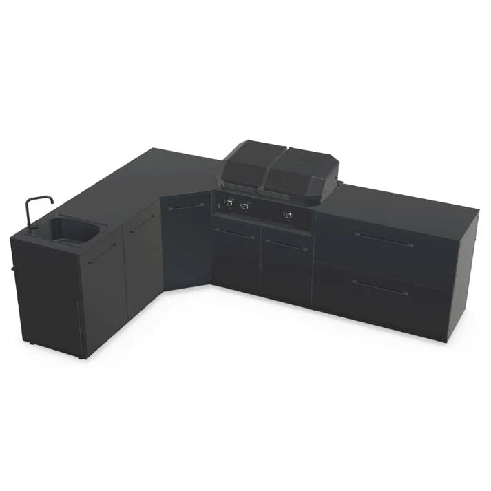 Cozze® Elements Modular Outdoor Kitchen - L Shape with Grill, Storage and Sink - pizza oven - Ice Cold Spice | Black Cozze® Quattro 900 Grill