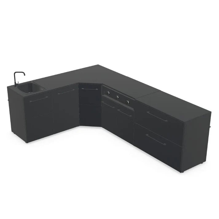 Cozze® Elements Modular Outdoor Kitchen - L Shape with Grill, Storage and Sink - pizza oven - Ice Cold Spice | Black Cozze® Combo 900 Grill