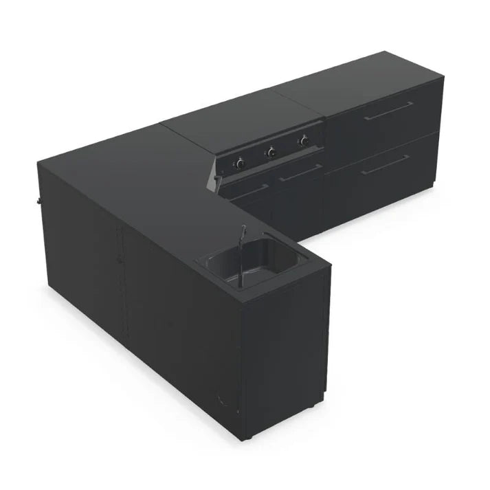 Cozze® Elements Modular Outdoor Kitchen - L Shape with Grill, Storage and Sink - pizza oven - Ice Cold Spice | Black Cozze® Combo 900 Grill