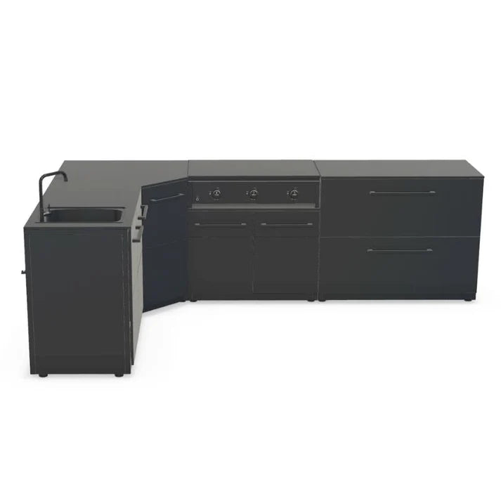 Cozze® Elements Modular Outdoor Kitchen - L Shape with Grill, Storage and Sink - pizza oven - Ice Cold Spice | Black Cozze® Combo 900 Grill