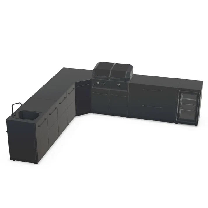 Cozze® Elements Modular Outdoor Kitchen - L Shape with Grill, Storage, Fridge and Sink - pizza oven - Ice Cold Spice | Black Cozze® 24" Black Edition
