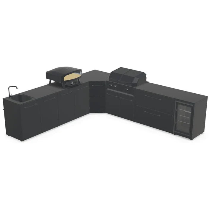 Cozze® Elements Modular Outdoor Kitchen - L Shape with Grill, Storage, Fridge and Sink - pizza oven - Ice Cold Spice | Black Cozze® 24" Black Edition