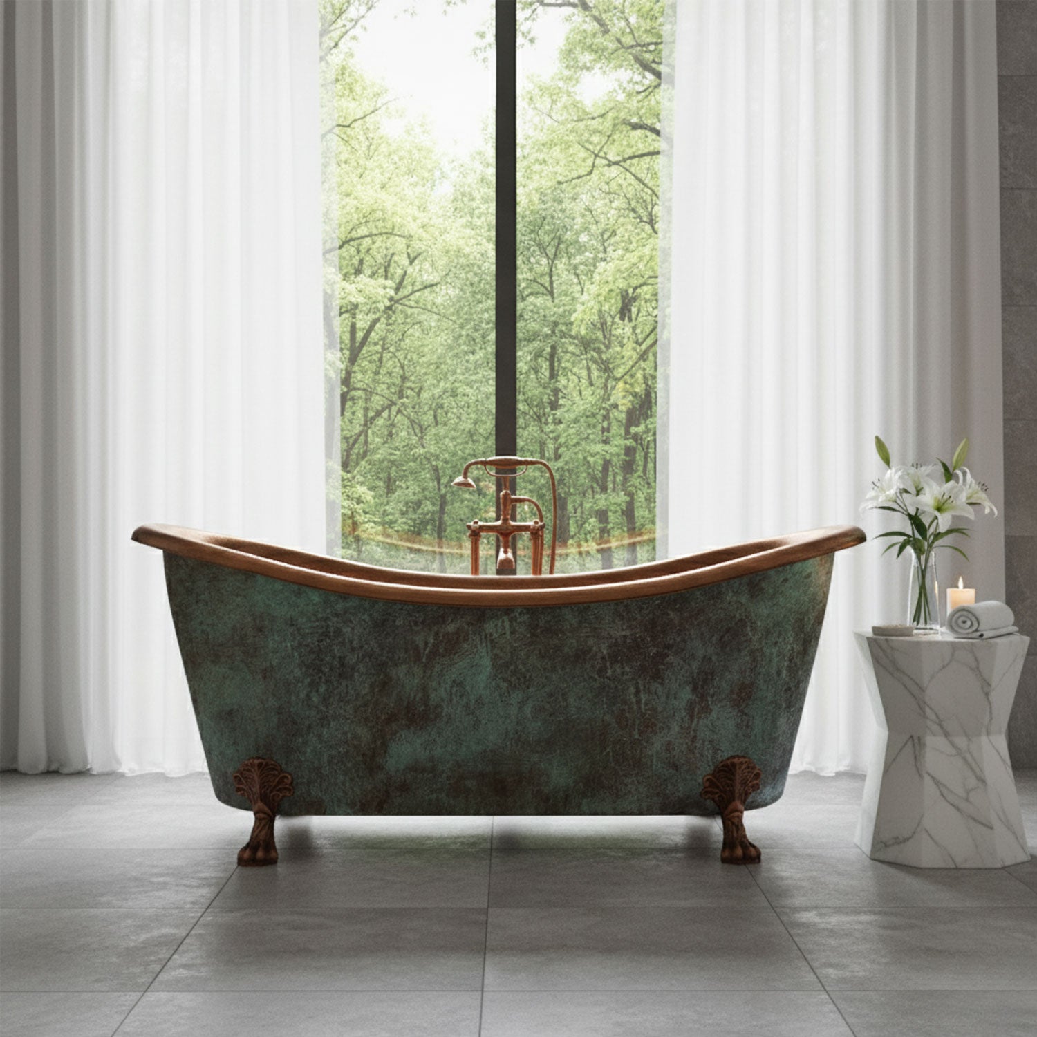 Coppersmith Creations Copper Freestanding Clawfoot Bathtub Green/Brown Patina Exterior Antique Copper Interior