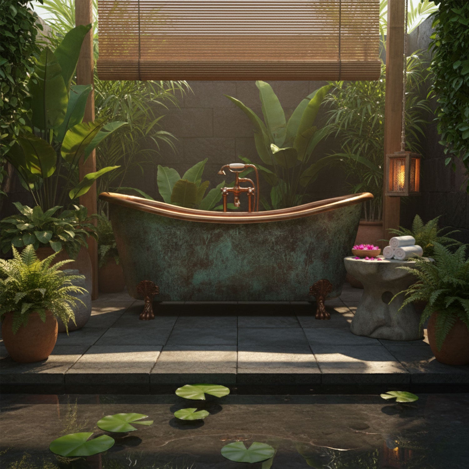 Coppersmith Creations Copper Freestanding Clawfoot Bathtub Green/Brown Patina Exterior Antique Copper Interior