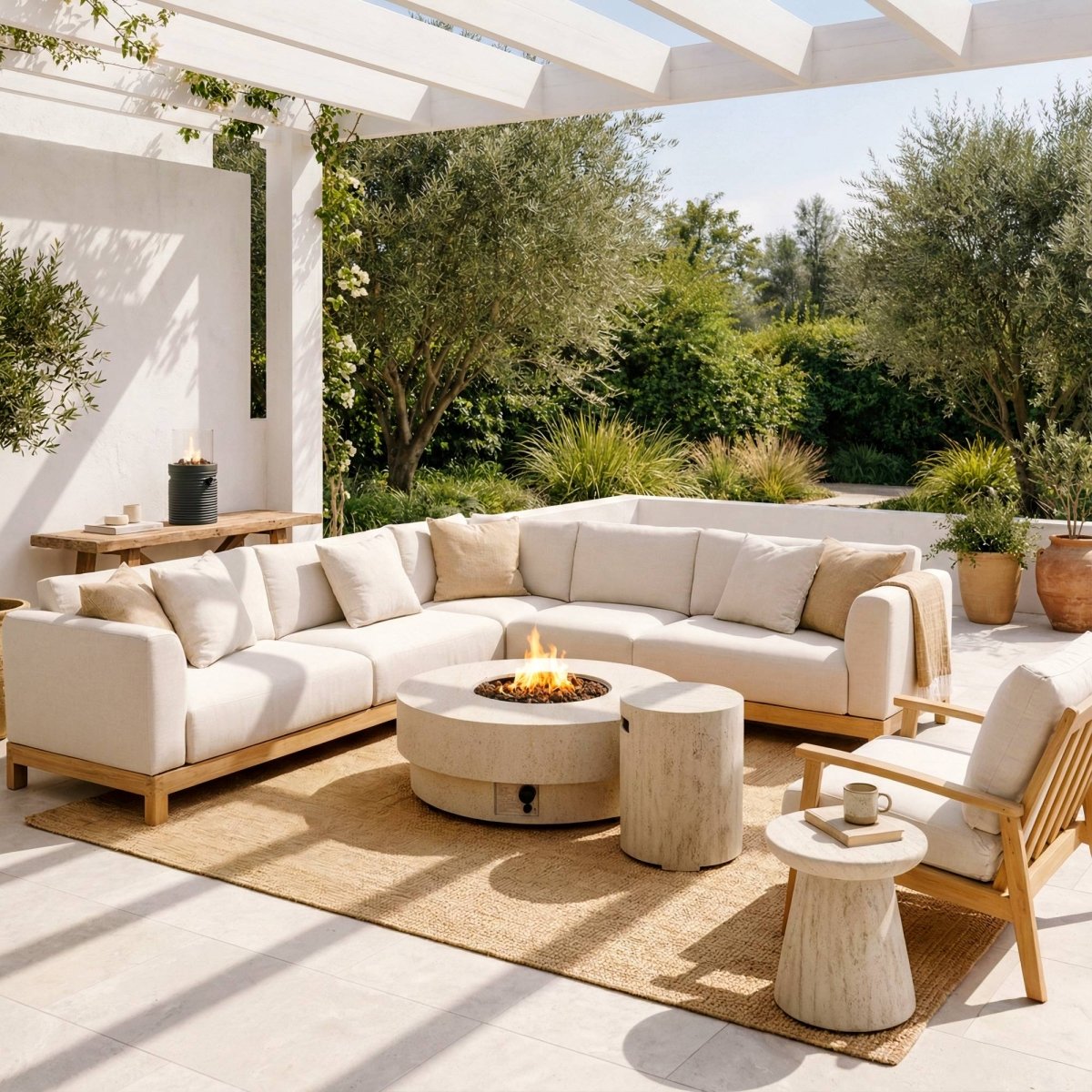 Happy Cocooning Estate Round 105 Gas Fire Table - outdoor fireplaces - Ice Cold Spice | Travertine