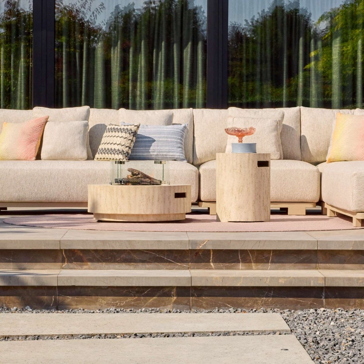 Happy Cocooning Estate Round 76 Gas Fire Table - outdoor fireplaces - Ice Cold Spice | Travertine