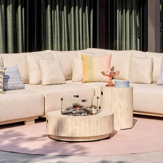 Happy Cocooning Estate Round 76 Gas Fire Table - outdoor fireplaces - Ice Cold Spice | Travertine