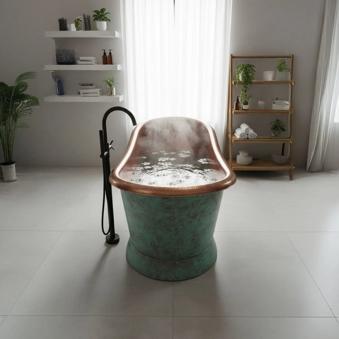 Coppersmith Creations Slanting Base Copper Bathtub Hammered Antique Copper Interior & Patina Exterior Finish