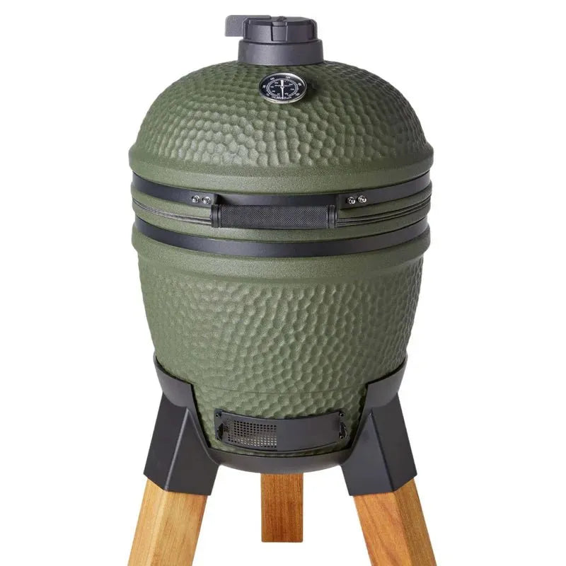 Moddern Kamado with Aluminum Base and Real Hard Wood Legs - outdoor grill - Ice Cold Spice | Olive Green and Wood (Legs)