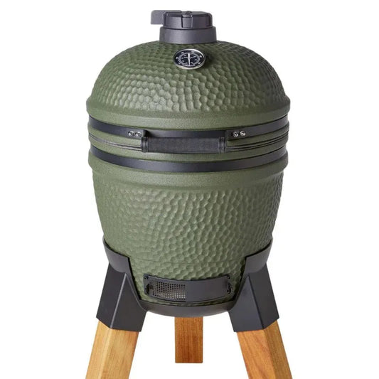 Moddern Kamado with Aluminum Base and Real Hard Wood Legs - outdoor grill - Ice Cold Spice | Olive Green and Wood (Legs)