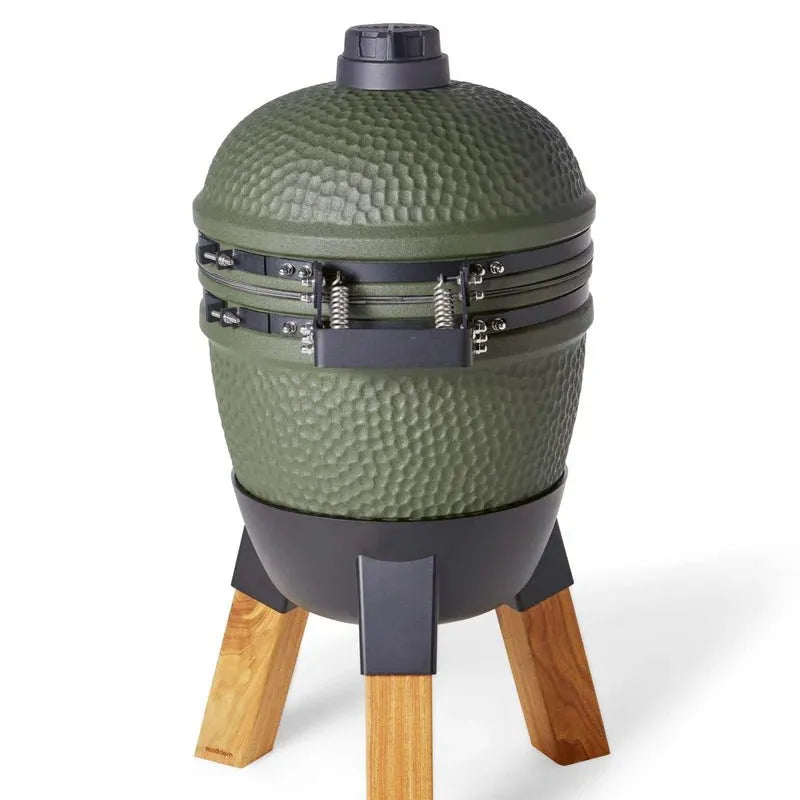 Moddern Kamado with Aluminum Base and Real Hard Wood Legs - outdoor grill - Ice Cold Spice | Olive Green and Wood (Legs)