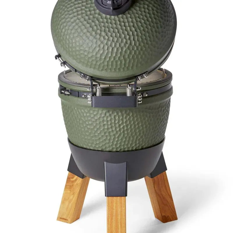 Moddern Kamado with Aluminum Base and Real Hard Wood Legs - outdoor grill - Ice Cold Spice | Olive Green and Wood (Legs)