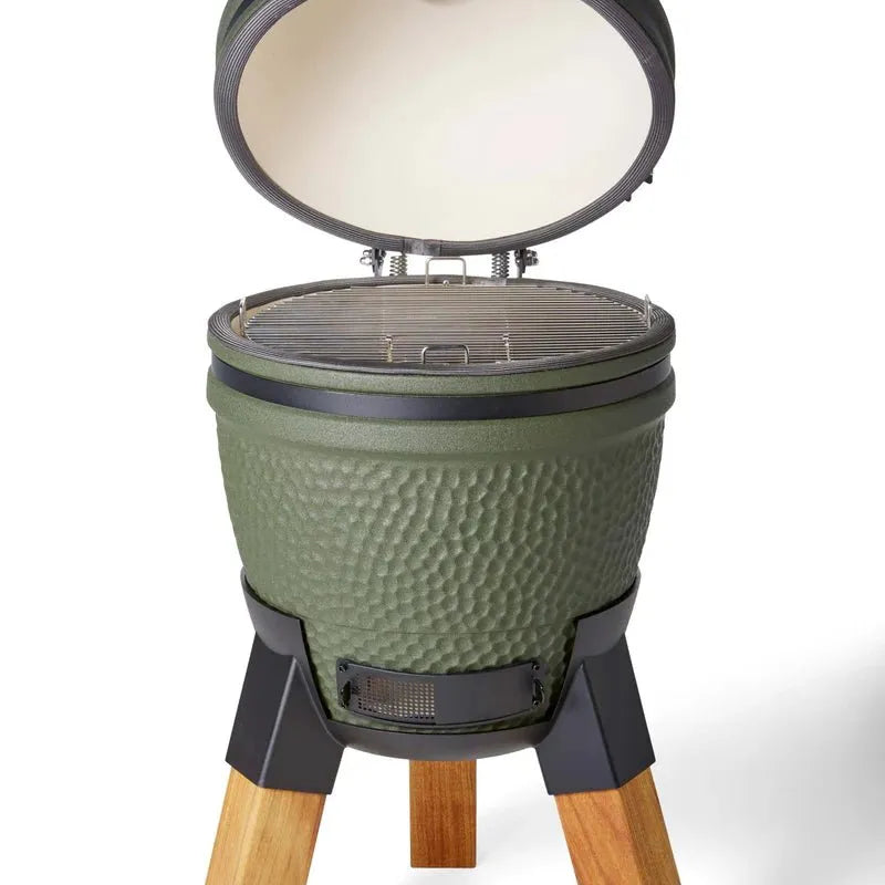 Moddern Kamado with Aluminum Base and Real Hard Wood Legs - outdoor grill - Ice Cold Spice | Olive Green and Wood (Legs)