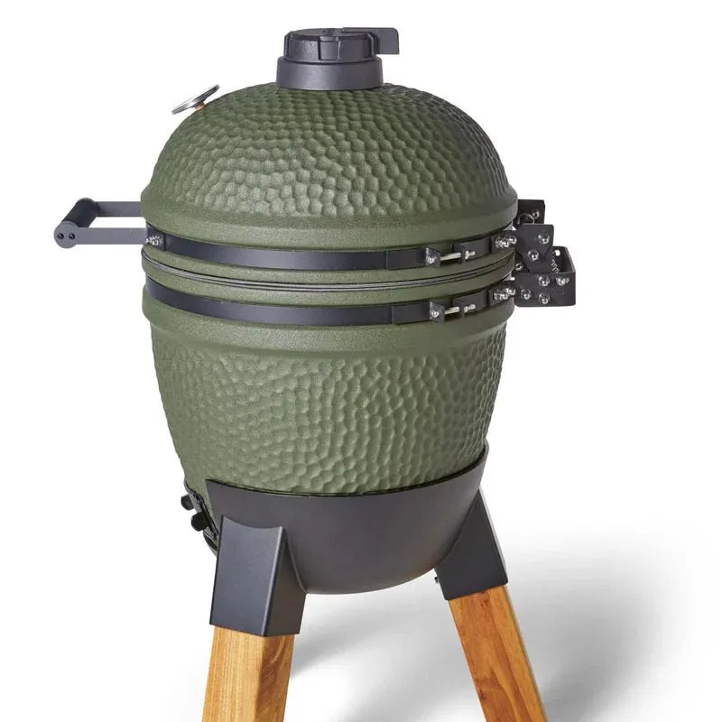 Moddern Kamado with Aluminum Base and Real Hard Wood Legs - outdoor grill - Ice Cold Spice | Olive Green and Wood (Legs)