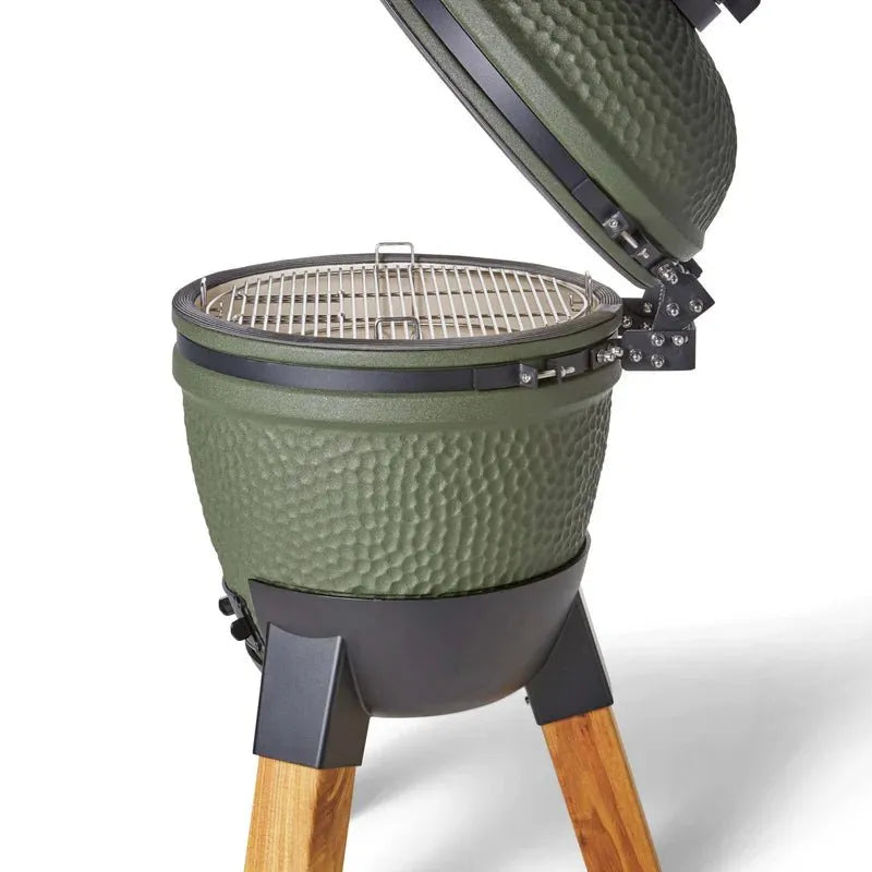 Moddern Kamado with Aluminum Base and Real Hard Wood Legs - outdoor grill - Ice Cold Spice | Olive Green and Wood (Legs)