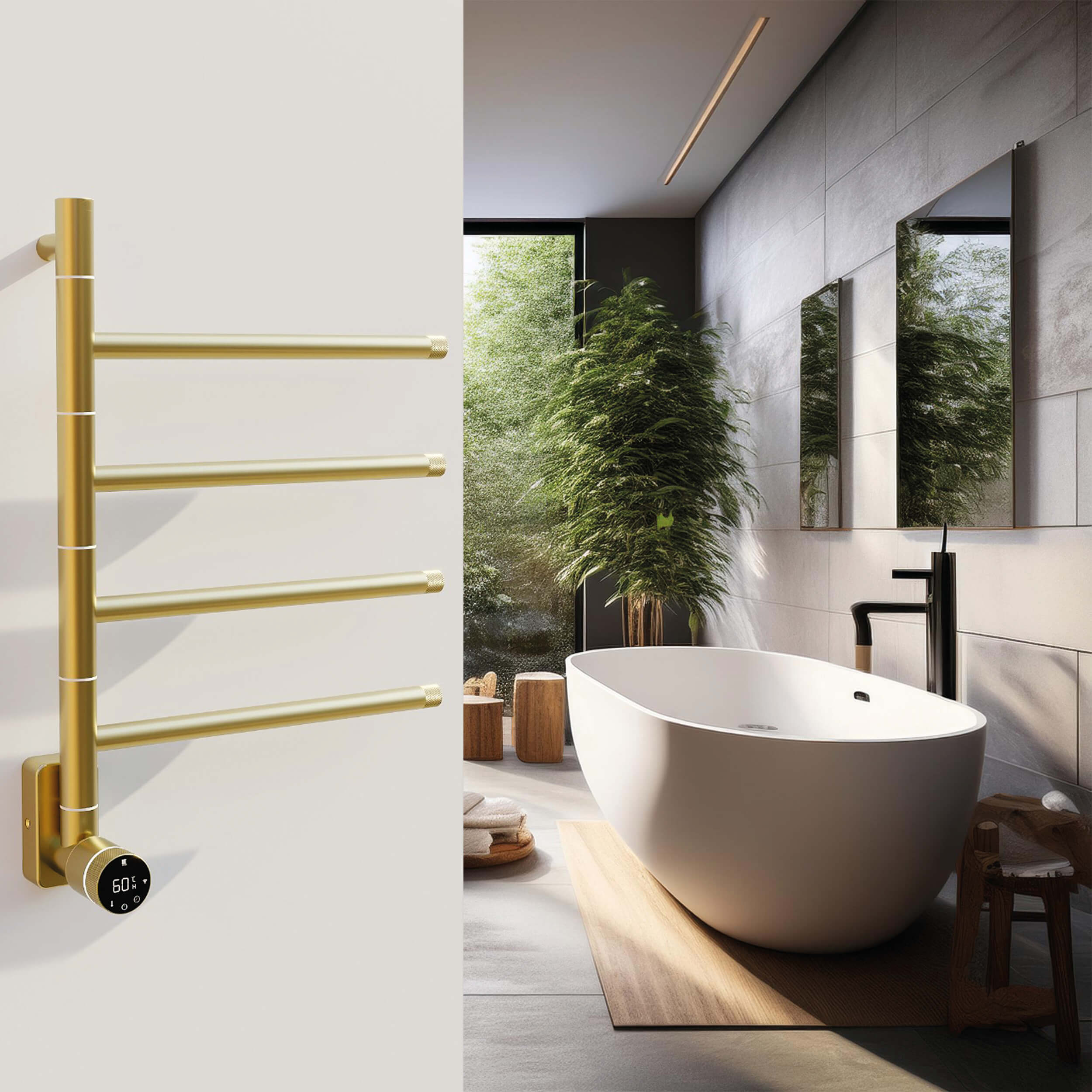 Gold towel rack on a white wall with a modern bathroom featuring a freestanding bathtub.