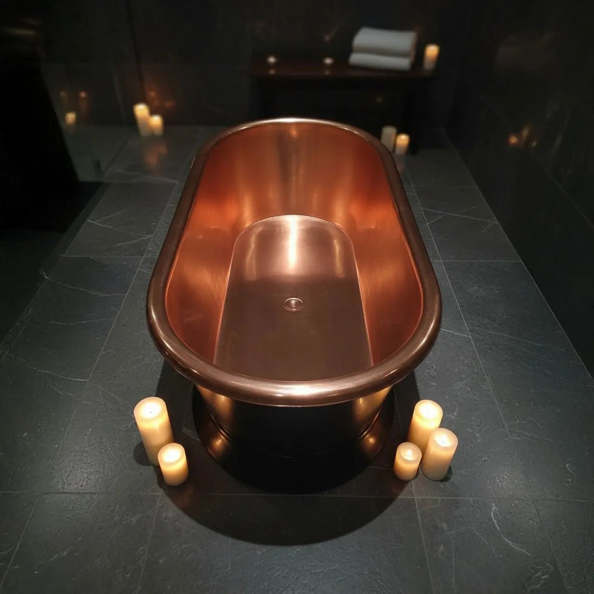 Coppersmith Creations Pedestal Copper Bathtub Black Exterior & Polished Copper Interior - baths - Ice Cold Spice | Black 66 - inch